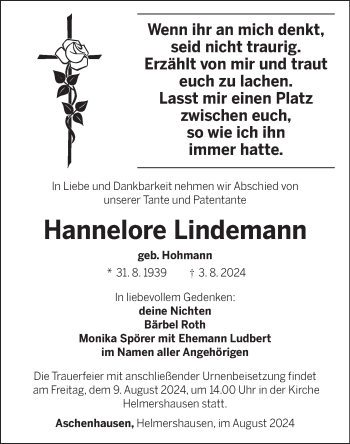 Traueranzeige von Hannelore Lindemann von Südthüringer Presse