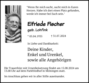 Traueranzeige von Elfriede Fischer von Südthüringer Presse