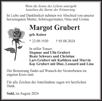 Traueranzeige von Margot Grubert von Südthüringer Presse
