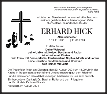 Traueranzeige von Erhard Hick von Frankenpost
