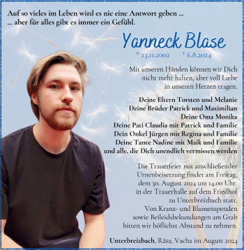 Traueranzeige von Yanneck Blase von Südthüringer Presse