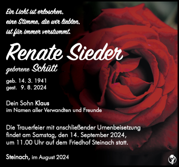 Traueranzeige von Renate Sieder von Südthüringer Presse