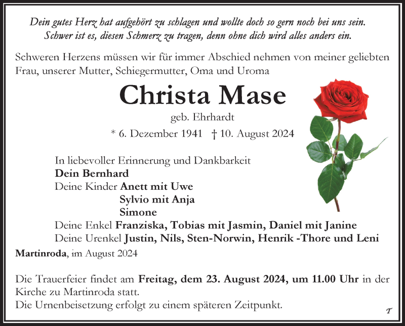  Traueranzeige für Christa Mase vom 17.08.2024 aus Südthüringer Presse