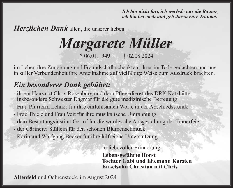  Traueranzeige für Margarete Müller vom 24.08.2024 aus Südthüringer Presse