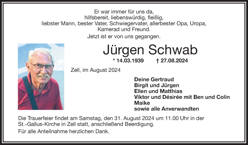  Traueranzeige für Jürgen Schwab vom 29.08.2024 aus Frankenpost