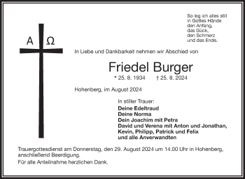 Traueranzeige von Friedel Burger von Frankenpost