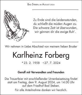 Traueranzeige von Karlheinz Forberg von Frankenpost