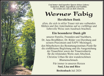 Traueranzeige von Werner Fabig von Südthüringer Presse