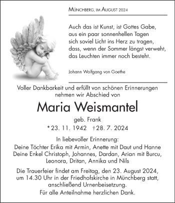 Traueranzeige von Maria Weismantel von Frankenpost
