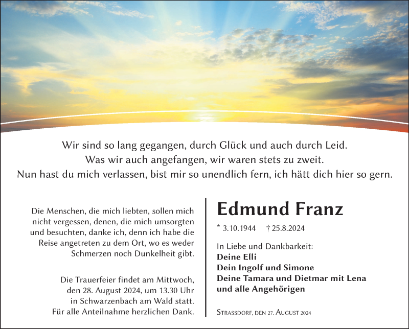  Traueranzeige für Edmund Franz vom 27.08.2024 aus Frankenpost