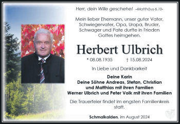 Traueranzeige von Herbert Ulbrich von Südthüringer Presse