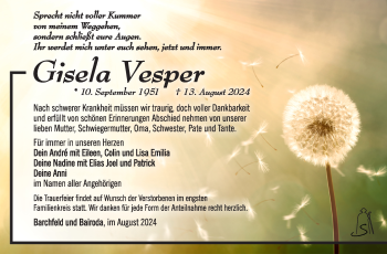 Traueranzeige von Gisela Vesper von Südthüringer Presse