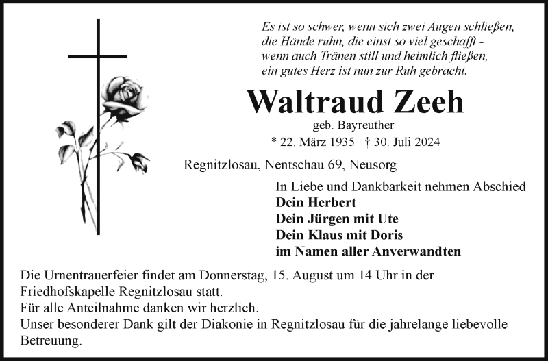  Traueranzeige für Waltraud Zeeh vom 10.08.2024 aus Frankenpost