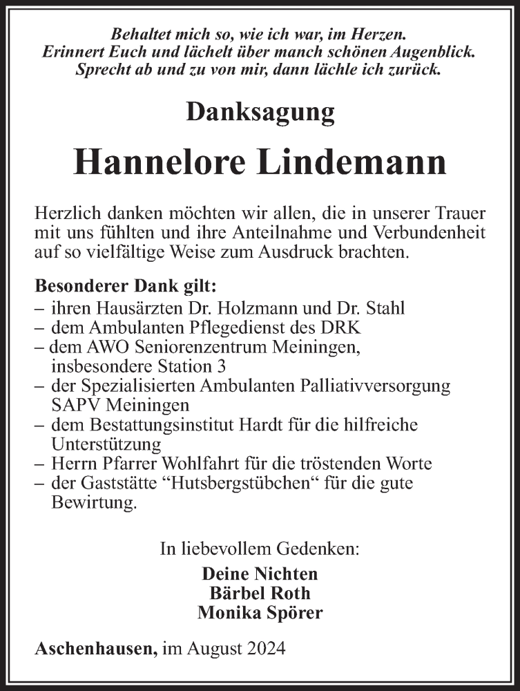  Traueranzeige für Hannelore Lindemann vom 24.08.2024 aus Südthüringer Presse