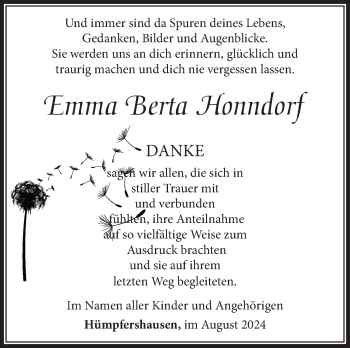 Traueranzeige von Emma Berta Honndorf von Südthüringer Presse