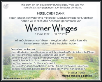 Traueranzeige von Werner Winges von Südthüringer Presse