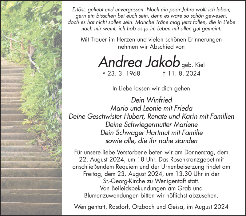  Traueranzeige für Andrea Jakob vom 20.08.2024 aus Südthüringer Presse