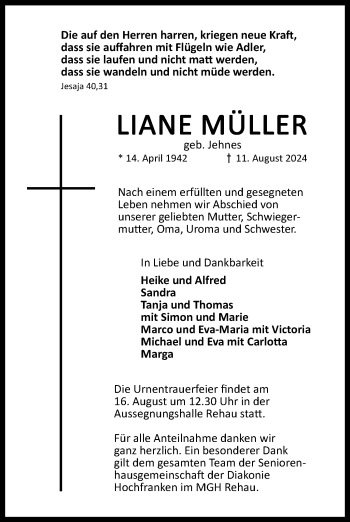 Traueranzeige von Liane Müller von Frankenpost