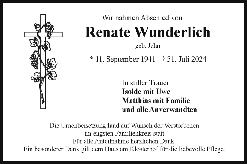  Traueranzeige für Renate Wunderlich vom 24.08.2024 aus Frankenpost