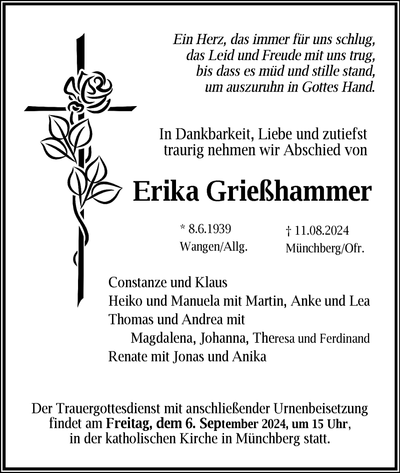  Traueranzeige für Erika Grießhammer vom 31.08.2024 aus Frankenpost