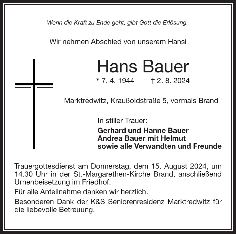  Traueranzeige für Hans Bauer vom 10.08.2024 aus Frankenpost