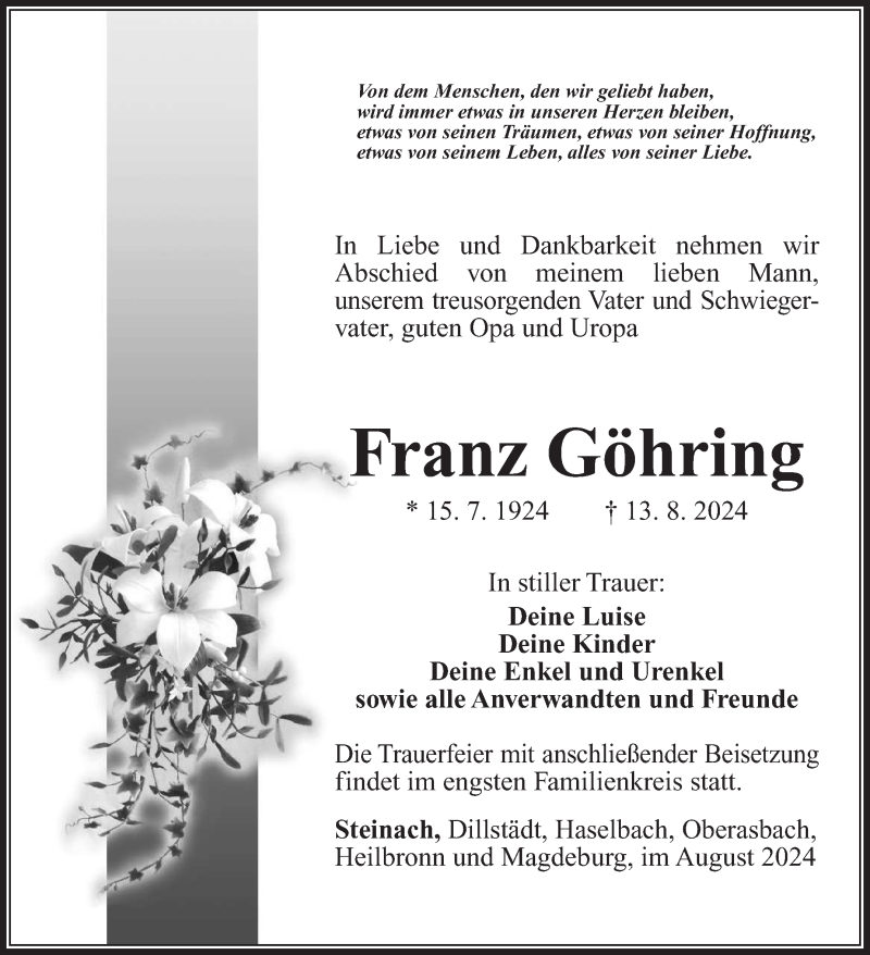  Traueranzeige für Franz Göhring vom 17.08.2024 aus Südthüringer Presse