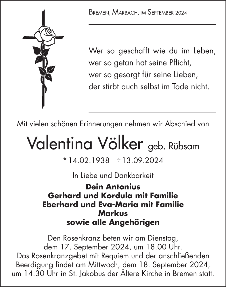  Traueranzeige für Valentina Völker vom 14.09.2024 aus Südthüringer Presse