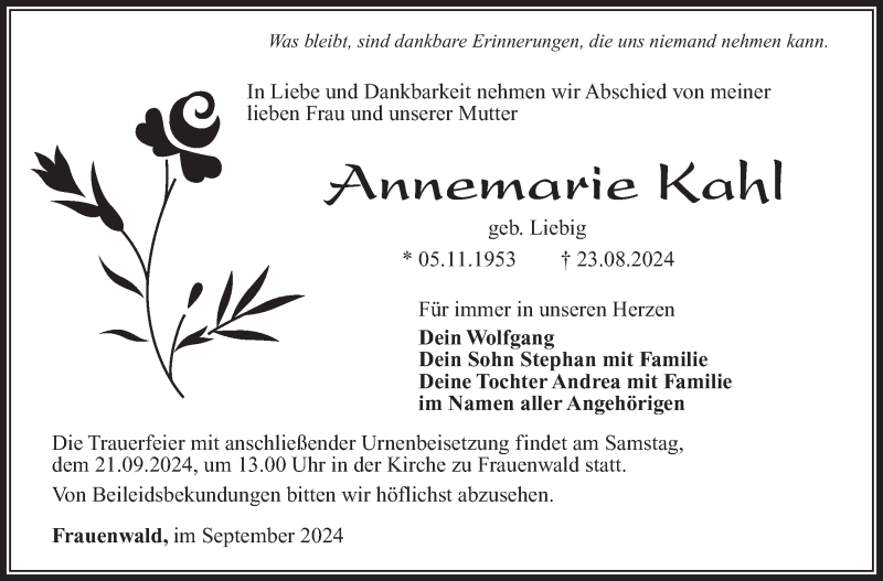  Traueranzeige für Annemarie Kahl vom 07.09.2024 aus Südthüringer Presse