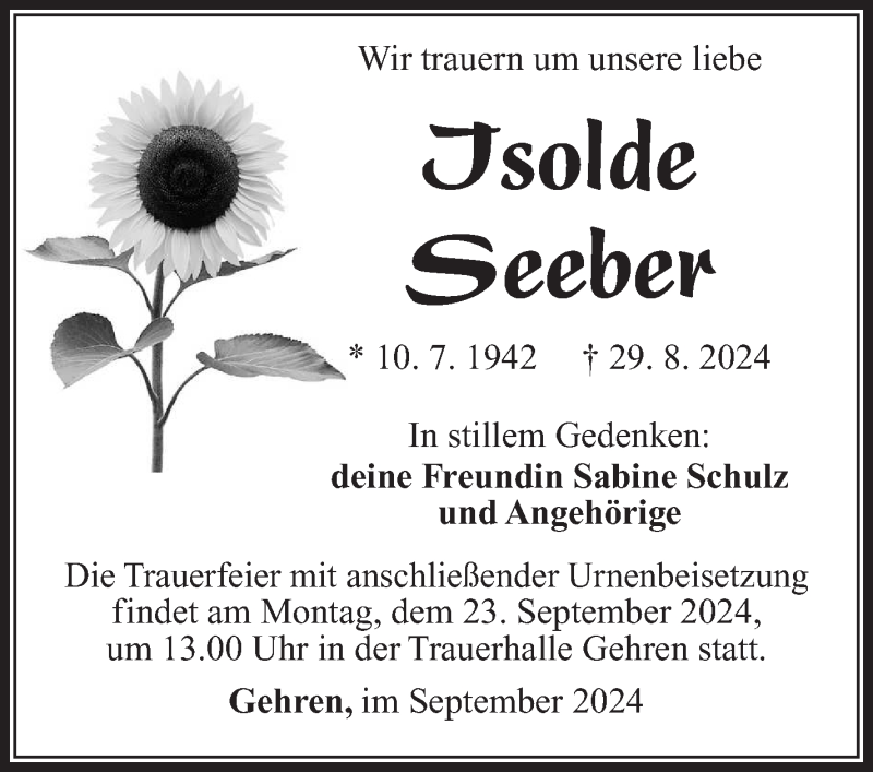  Traueranzeige für Isolde Seeber vom 14.09.2024 aus Südthüringer Presse