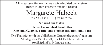 Traueranzeige von Margarete Habeck von Frankenpost