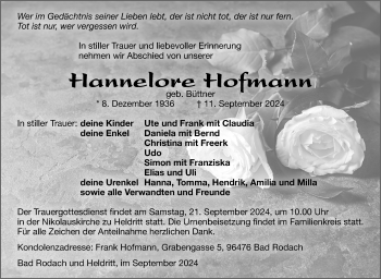 Traueranzeige von Hannelore Hofmann von Neue Presse Coburg