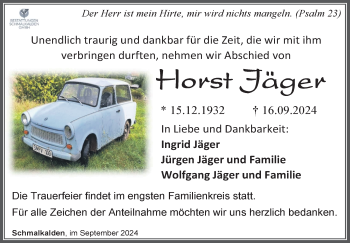 Traueranzeige von Horst Jäger von Südthüringer Presse