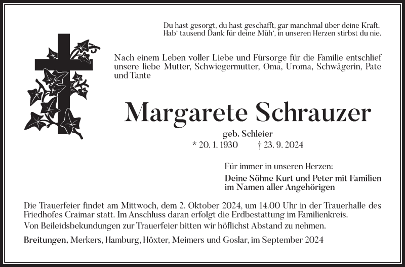  Traueranzeige für Margarete Schrauzer vom 28.09.2024 aus Südthüringer Presse