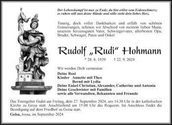 Traueranzeige von Rudolf Hohmann von Südthüringer Presse