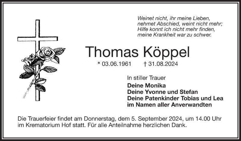  Traueranzeige für Thomas Köppel vom 03.09.2024 aus Frankenpost
