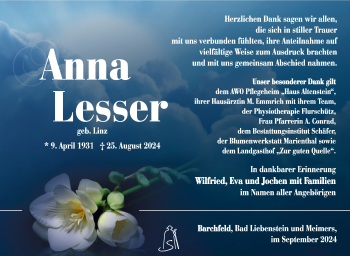 Traueranzeige von Anna Lesser von Südthüringer Presse