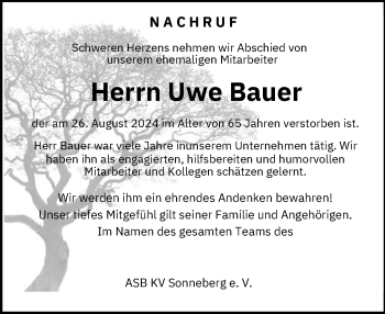 Traueranzeige von Uwe Bauer von Südthüringer Presse
