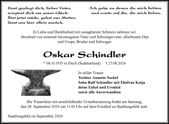 Traueranzeige von Oskar Schindler von Südthüringer Presse