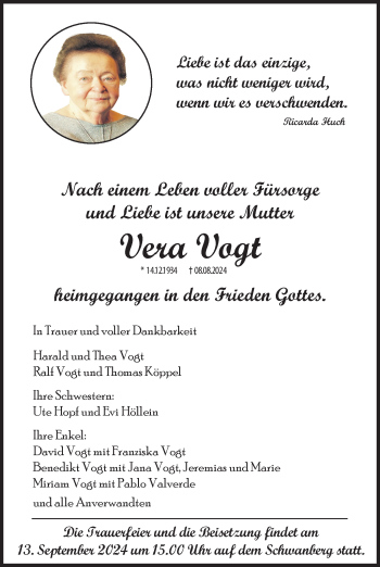 Traueranzeige von Vera Vogt von Neue Presse Coburg