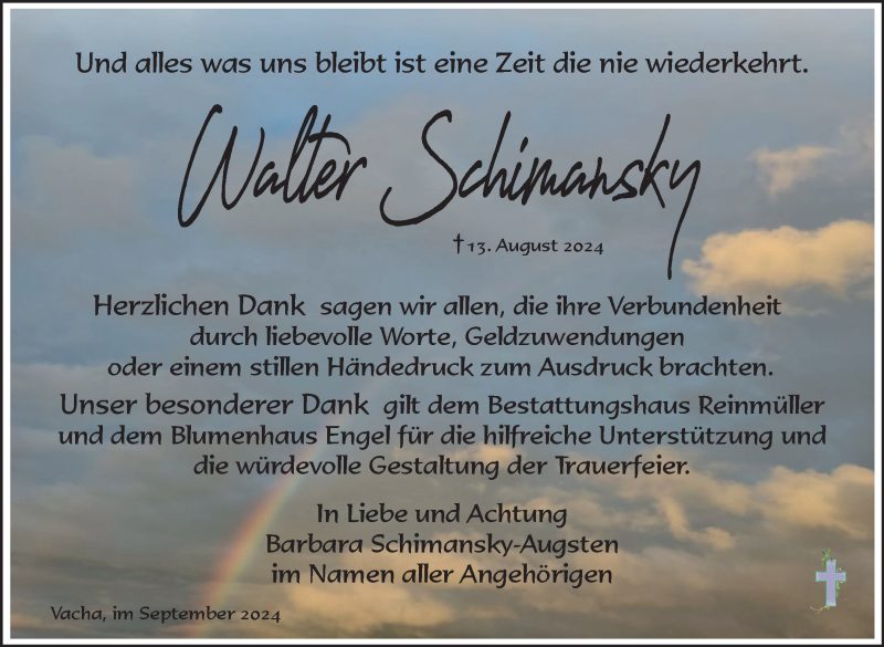  Traueranzeige für Walter Schimansky vom 14.09.2024 aus Südthüringer Presse