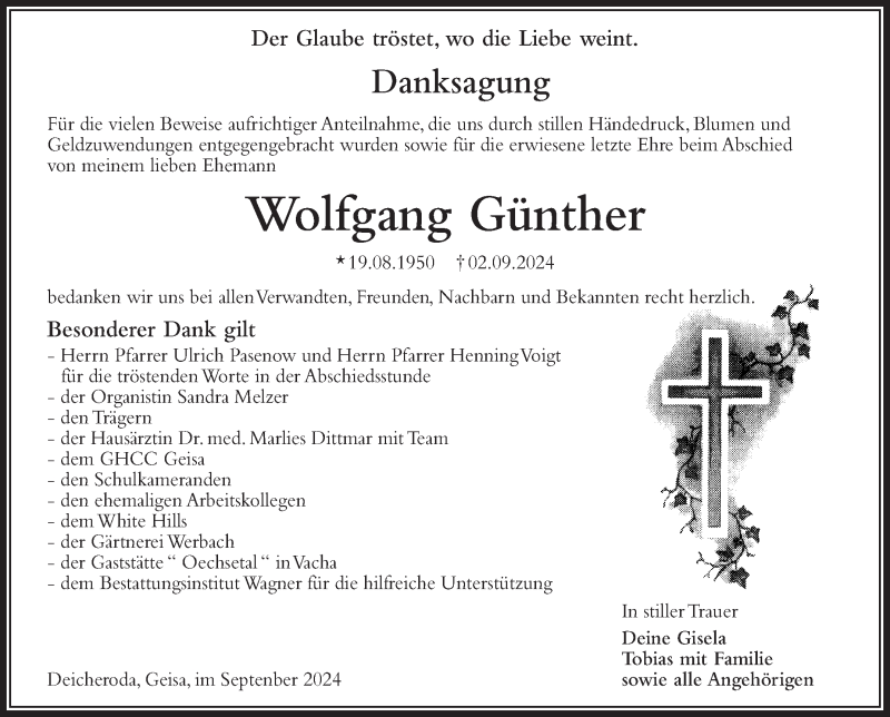  Traueranzeige für Wolfgang Günther vom 28.09.2024 aus Südthüringer Presse