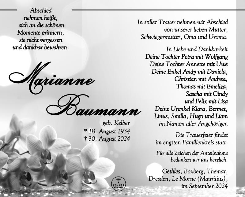  Traueranzeige für Marianne Baumann vom 07.09.2024 aus Südthüringer Presse