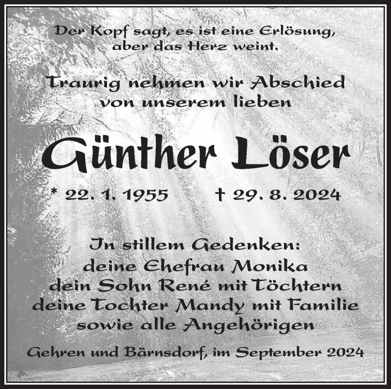  Traueranzeige für Günther Löser vom 07.09.2024 aus Südthüringer Presse