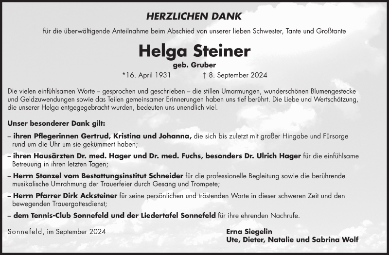  Traueranzeige für Helga Steiner vom 28.09.2024 aus Neue Presse Coburg