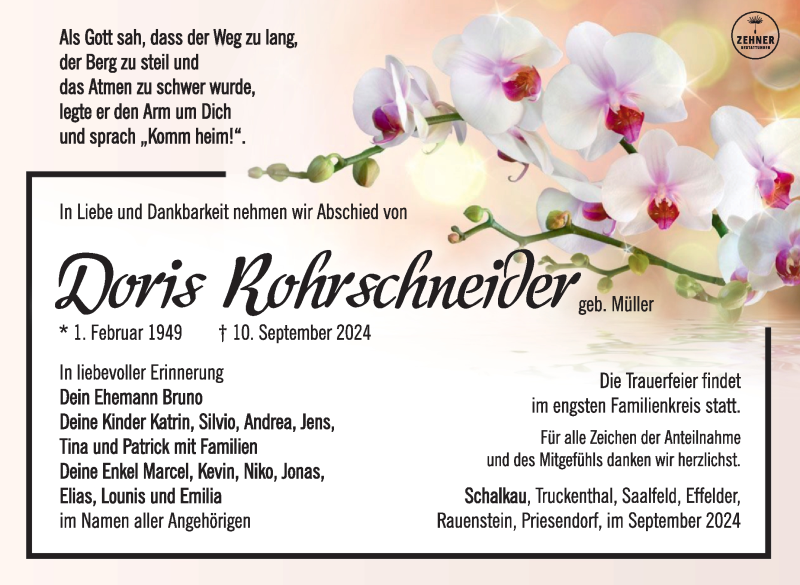  Traueranzeige für Doris Rohrschneider vom 14.09.2024 aus Südthüringer Presse