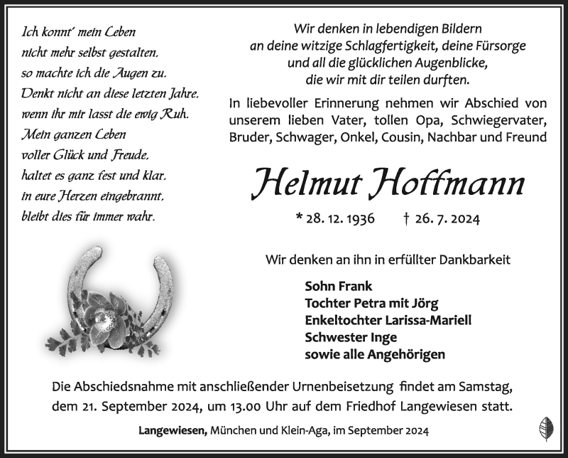  Traueranzeige für Helmut Hoffmann vom 14.09.2024 aus Südthüringer Presse