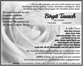 Traueranzeige von Birgit Tausch von Südthüringer Presse