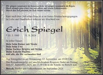 Traueranzeige von Erich Spiegel von Südthüringer Presse