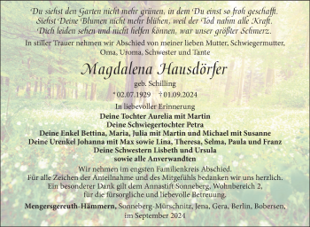Traueranzeige von Magdalena Hausdörfer von Südthüringer Presse