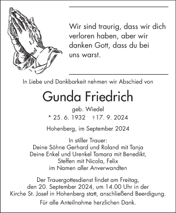 Traueranzeige von Gunda Friedrich von Frankenpost